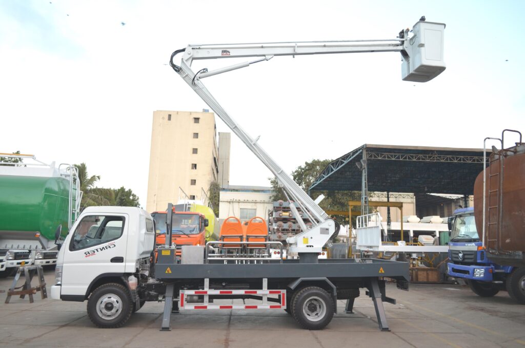 An aerial work platform is a self-propelled platform with an arm mounted on a truck