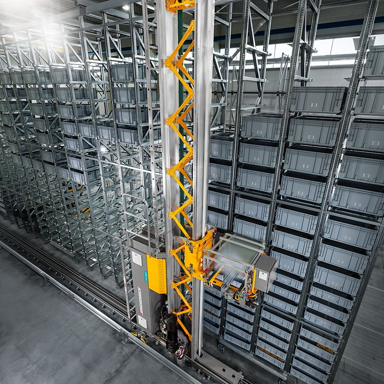 warehouse stacker crane in operation